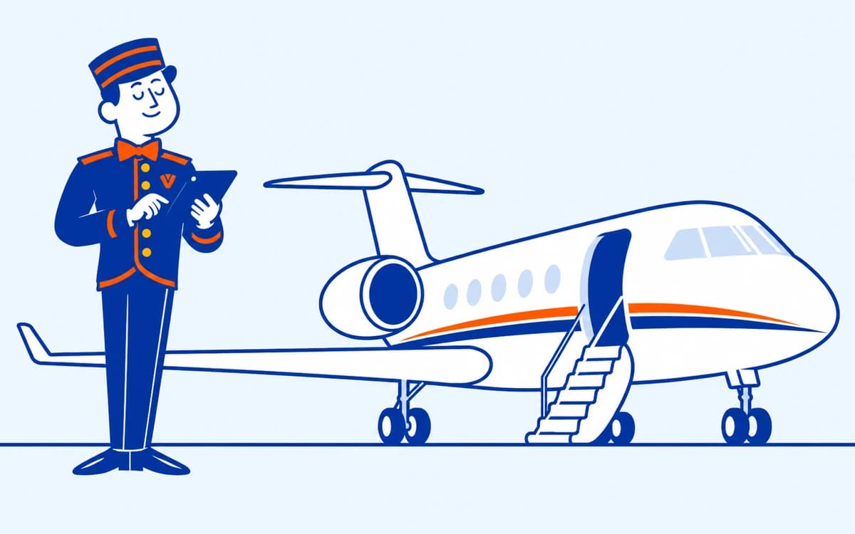 The VoiceValet valet with a tablet beside a private jet
