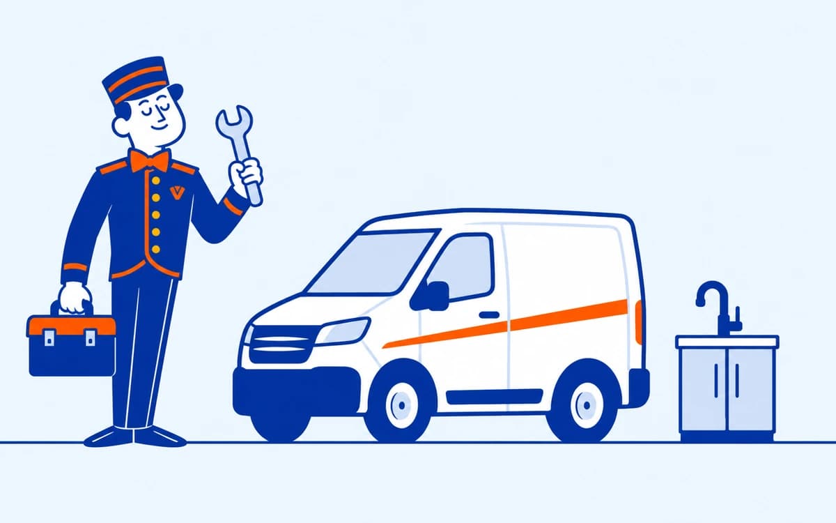 The VoiceValet valet with a toolbox and wrench beside a service van