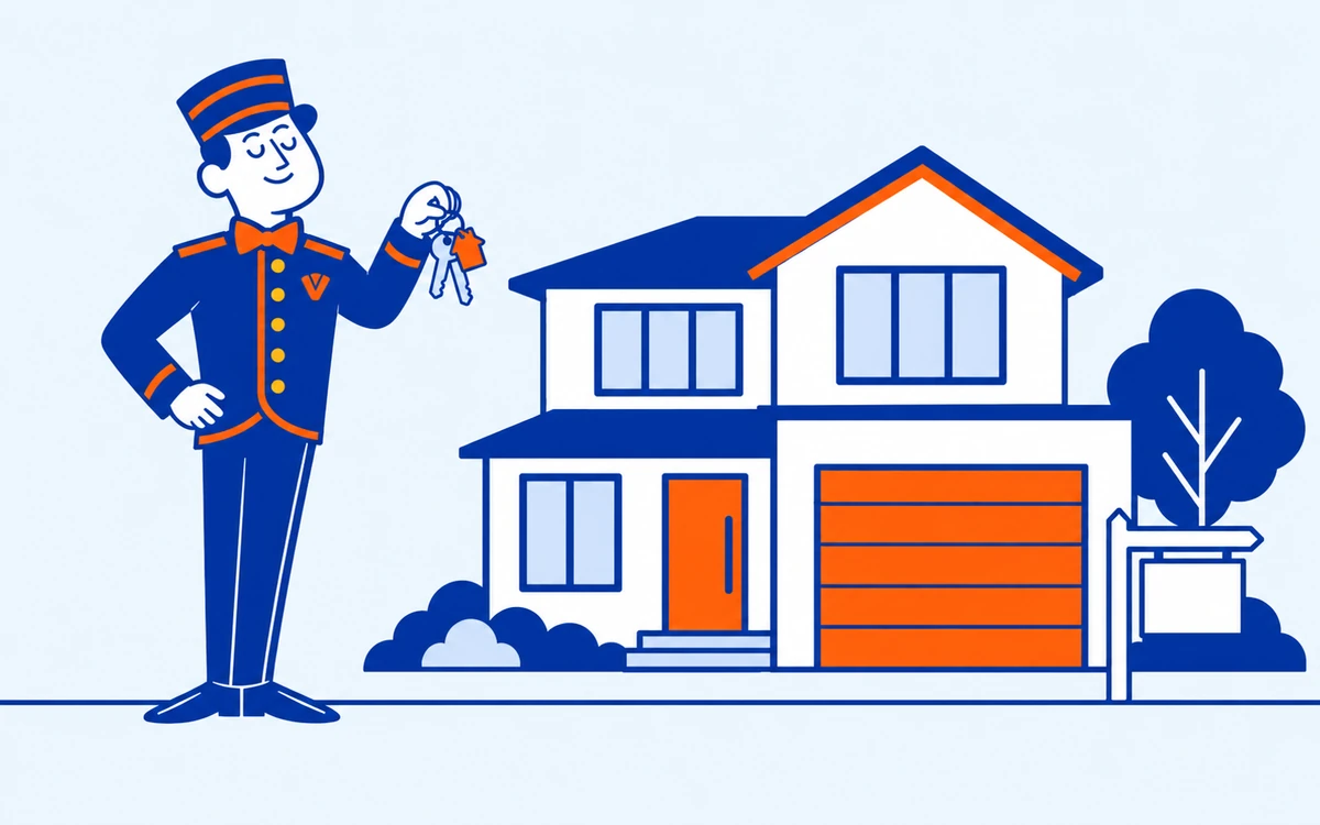 The VoiceValet valet holding house keys in front of a home for sale